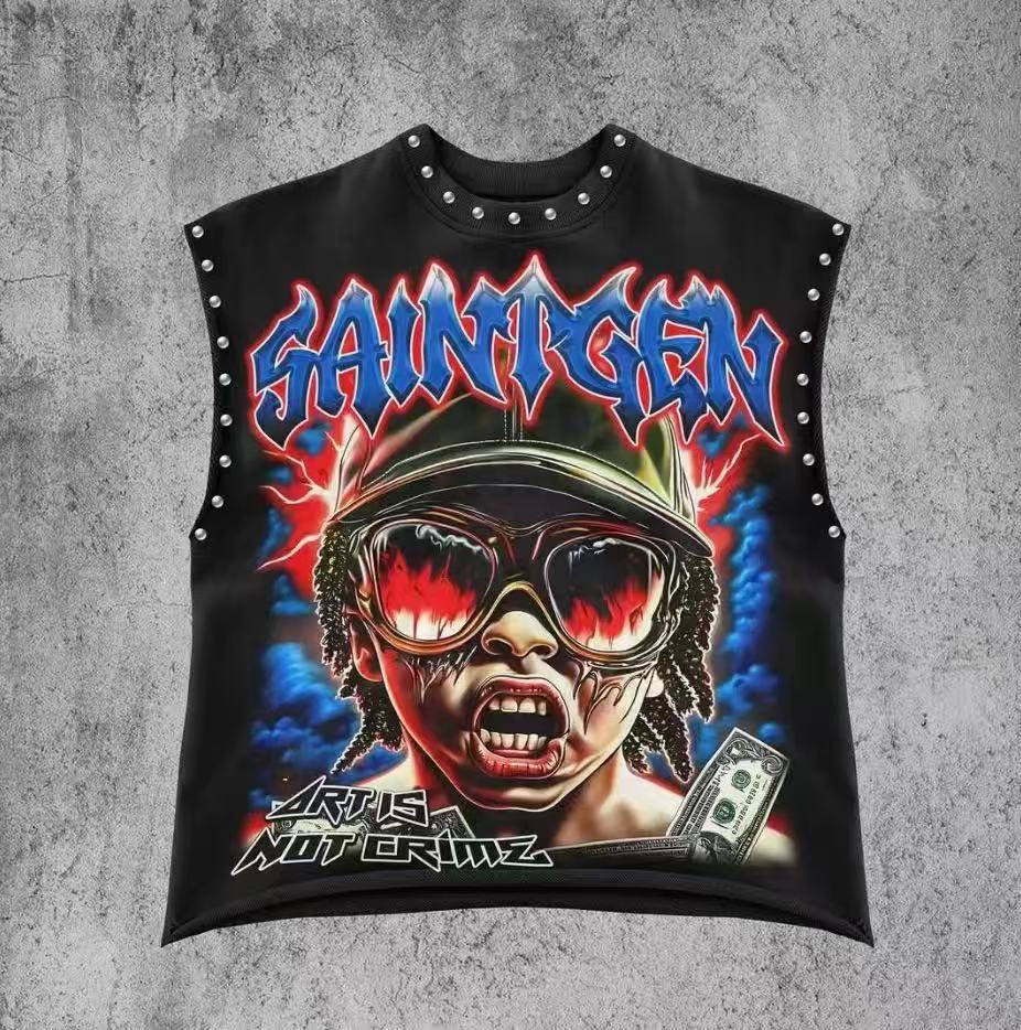 Vintage Letter Number Graphic Rivet Sleeveless Loose Vest Top Women