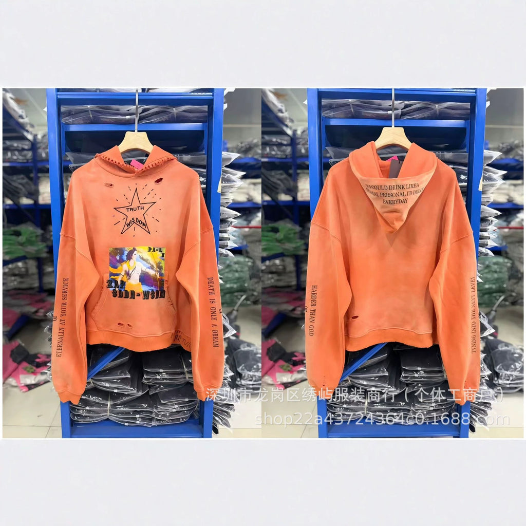 Paly Hollywood Cartoon Letter Hoodie Vintage Wash Graphic Streetwear