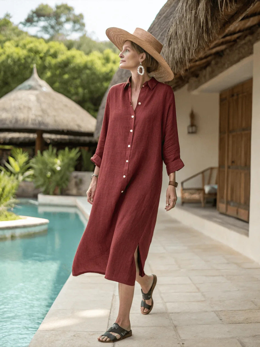 Women Boho Vertical Striped Collared Button Front Slit Loose Maxi Beach Dress