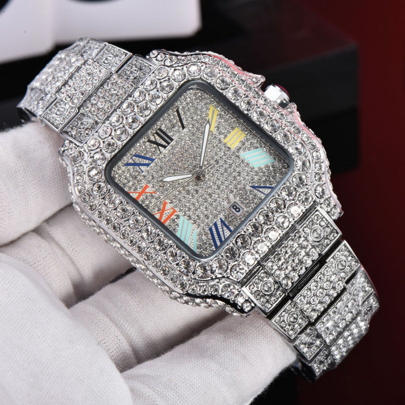Iced Out Square Roman Numeral Quartz Watch