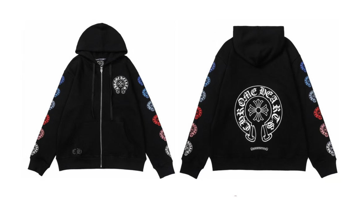 Chrome Hearts Horseshoe Sanskrit Cross Zip Up Hoodie Streetwear Unisex