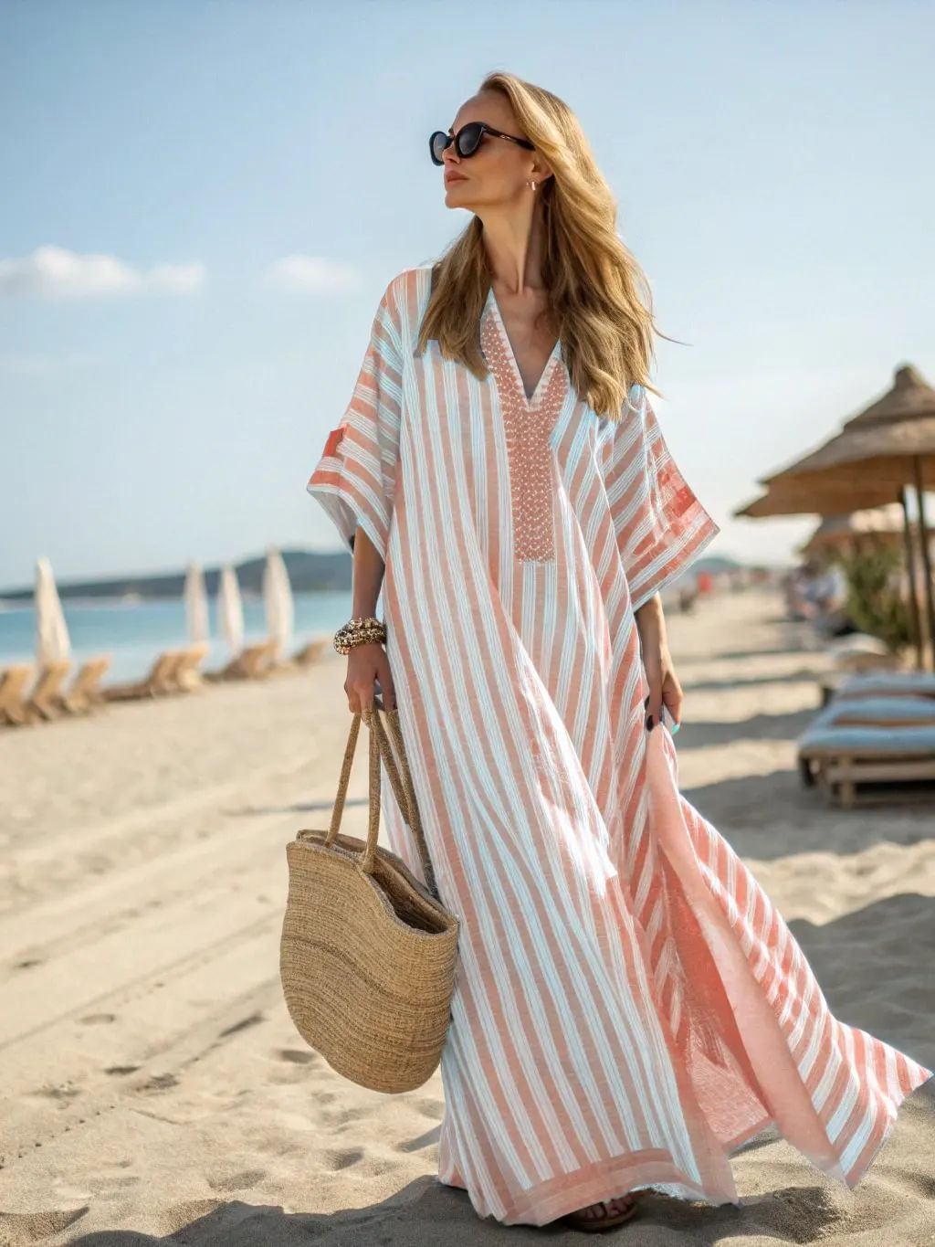 Women Boho Abstract Print V Neck Batwing Loose Kaftan Maxi Beach Dress