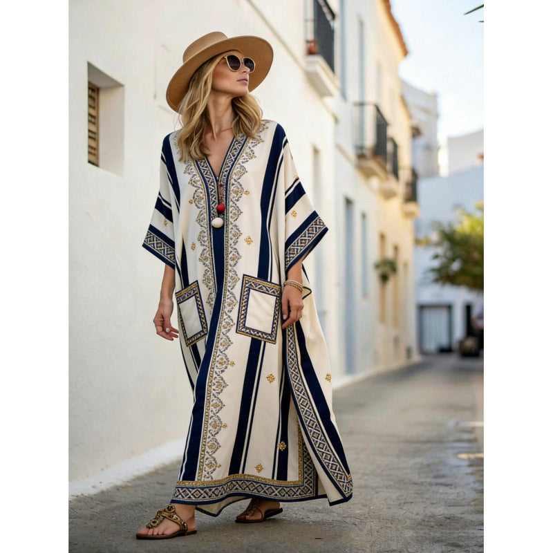 Women Boho Striped V Neck Open Front Loose Kaftan Maxi Beach Dress