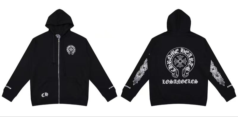 Chrome Hearts Horseshoe Cross Zip Hoodie Floral Sleeve Street Jacket