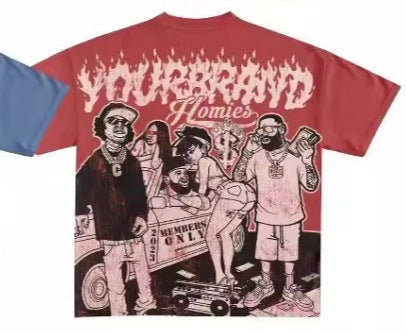 Y2K Hip-Hop Cartoon Portrait Oversized Vintage Baumwoll-T-Shirt im Members-Only-Stil