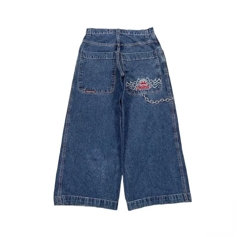 JNCO Style Y2K Bestickte Baggy Wide Leg Denim Jeans Unisex Streetwear Hose