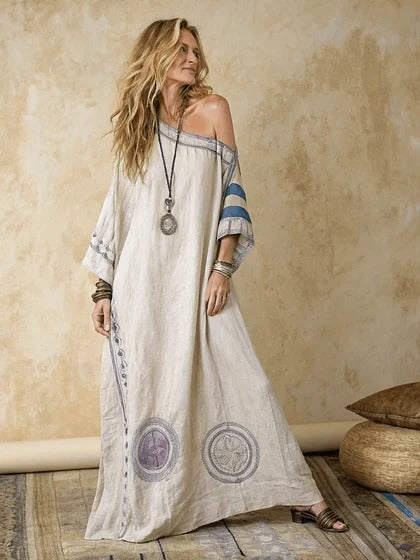 Women Boho Diagonal Striped Off Shoulder Loose Kaftan Maxi Beach Dress