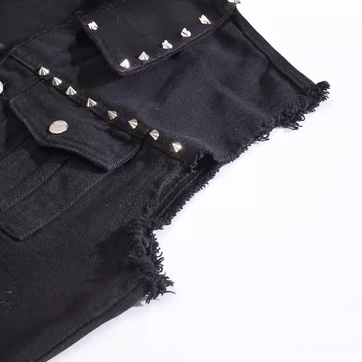 Rivet Biker Distressed Raw Edge Denim Vest Unisex Sleeveless Waistcoat