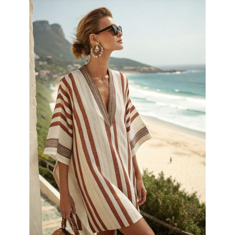 Women Boho Striped V Neck Loose Kaftan Midi Beach Dress
