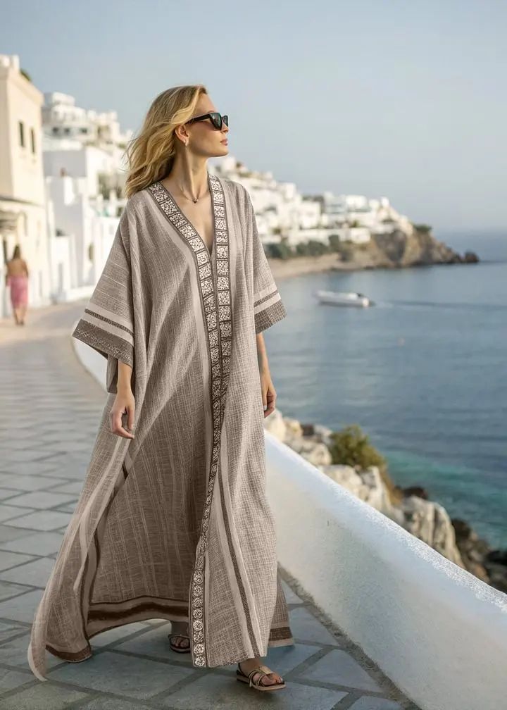 Women Boho Abstract Print V Neck Batwing Loose Kaftan Maxi Beach Dress