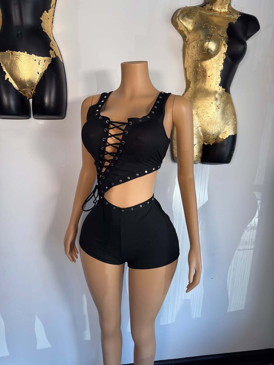Eyelet Lace Up Cutout Sleeveless Romper Shorts