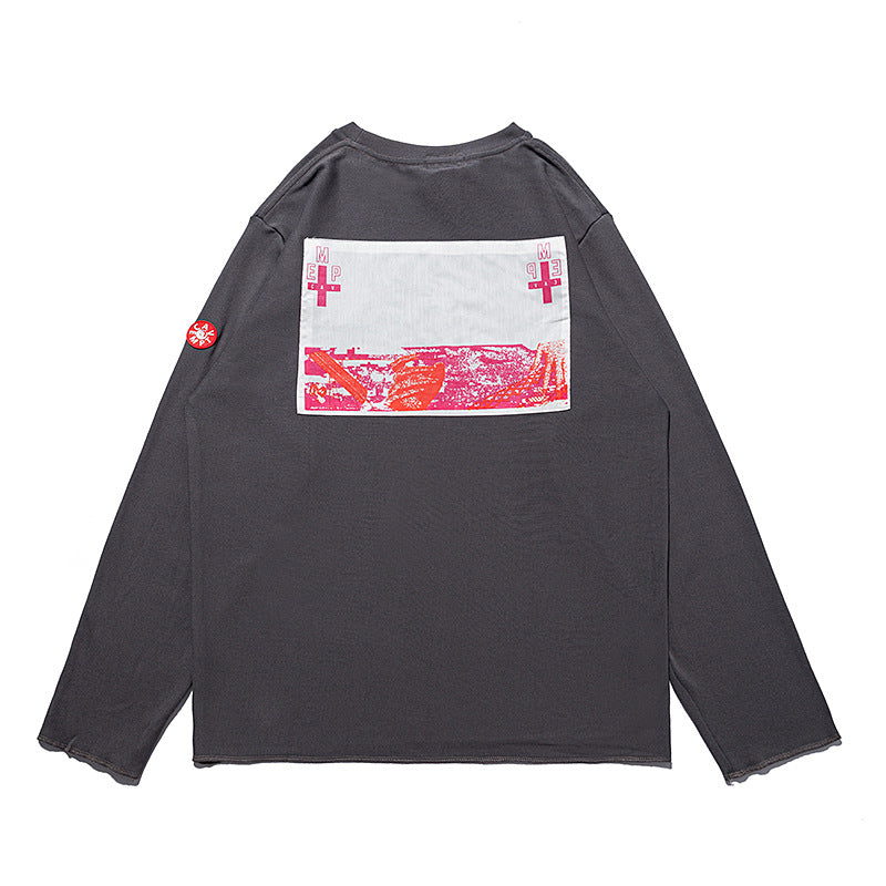 Washed Wax Dye Cross Letter Embroidery Crew Neck Long Sleeve T Shirt