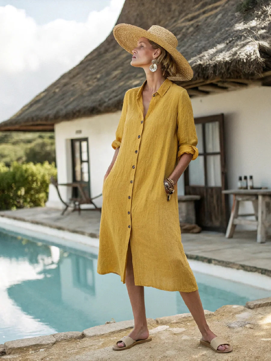 Women Boho Vertical Striped Collared Button Front Slit Loose Maxi Beach Dress