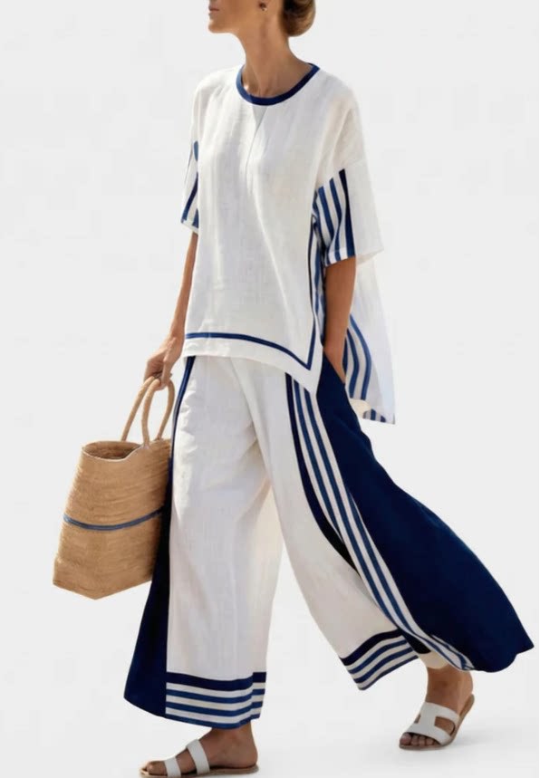 Women Boho Gradient Print Round Neck Batwing Loose Beach Two Piece Set