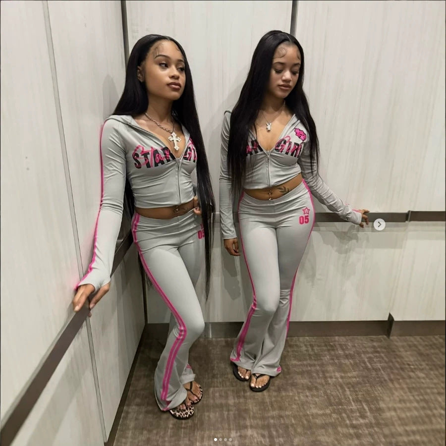 StarGirl Print Zip Up Hooded Crop Top Flare Pants 2 Piece Tracksuit Women