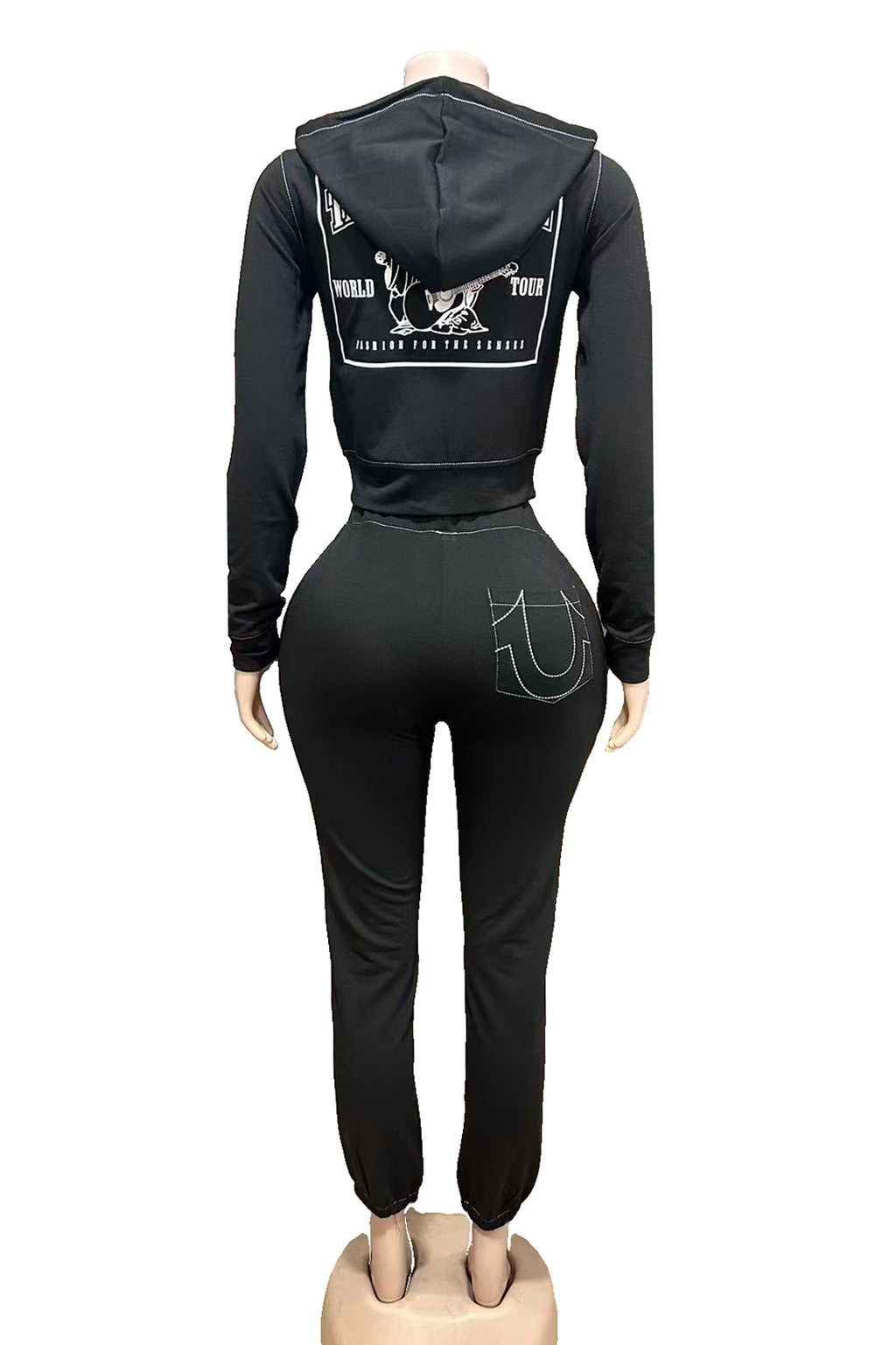 True Religion Vintage Stitch Zip Crop Hoodie Flare Pant Tracksuit Set