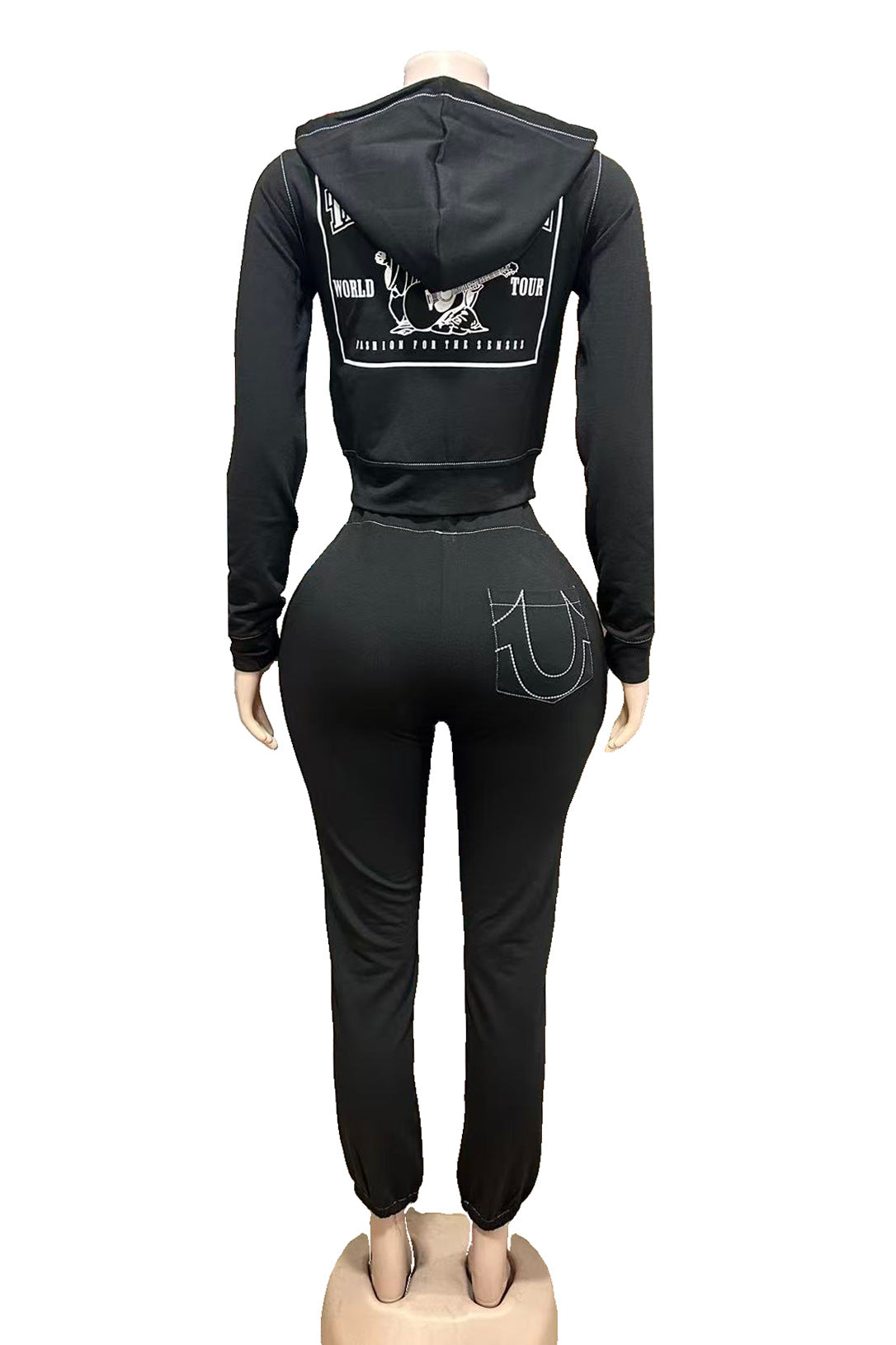 True Religion Vintage Stitch Zip Crop Hoodie Flare Pant Tracksuit Set