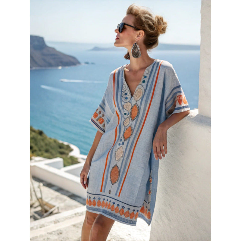 Women Boho Striped V Neck Loose Kaftan Midi Beach Dress