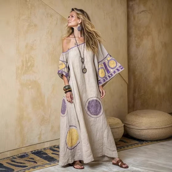 Women Boho Diagonal Striped Off Shoulder Loose Kaftan Maxi Beach Dress