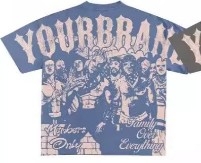 Y2K Hip-Hop Cartoon Portrait Oversized Vintage Baumwoll-T-Shirt im Members-Only-Stil