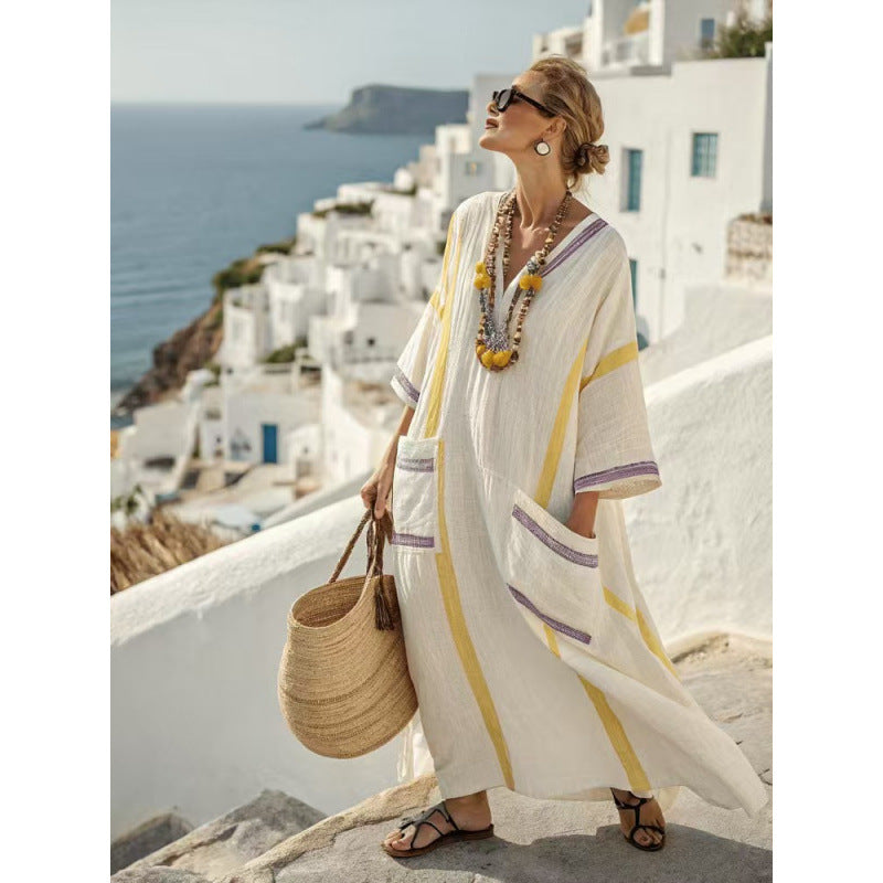 Women Boho Striped Embroidery V Neck Loose Kaftan Maxi Beach Dress