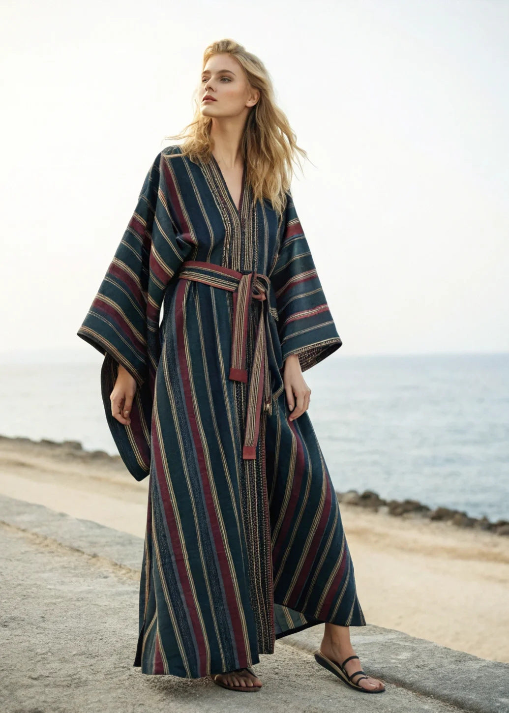 Boho Striped Belted Kaftan Maxi Beach Cover Up