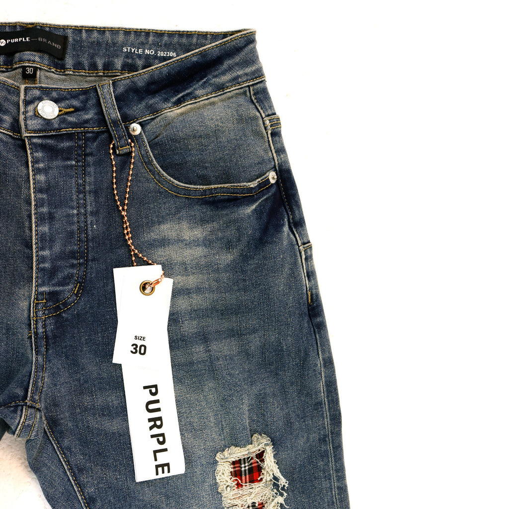 Purple Brand Plaid Patch Ripped Skinny Denim Jeans Unisex