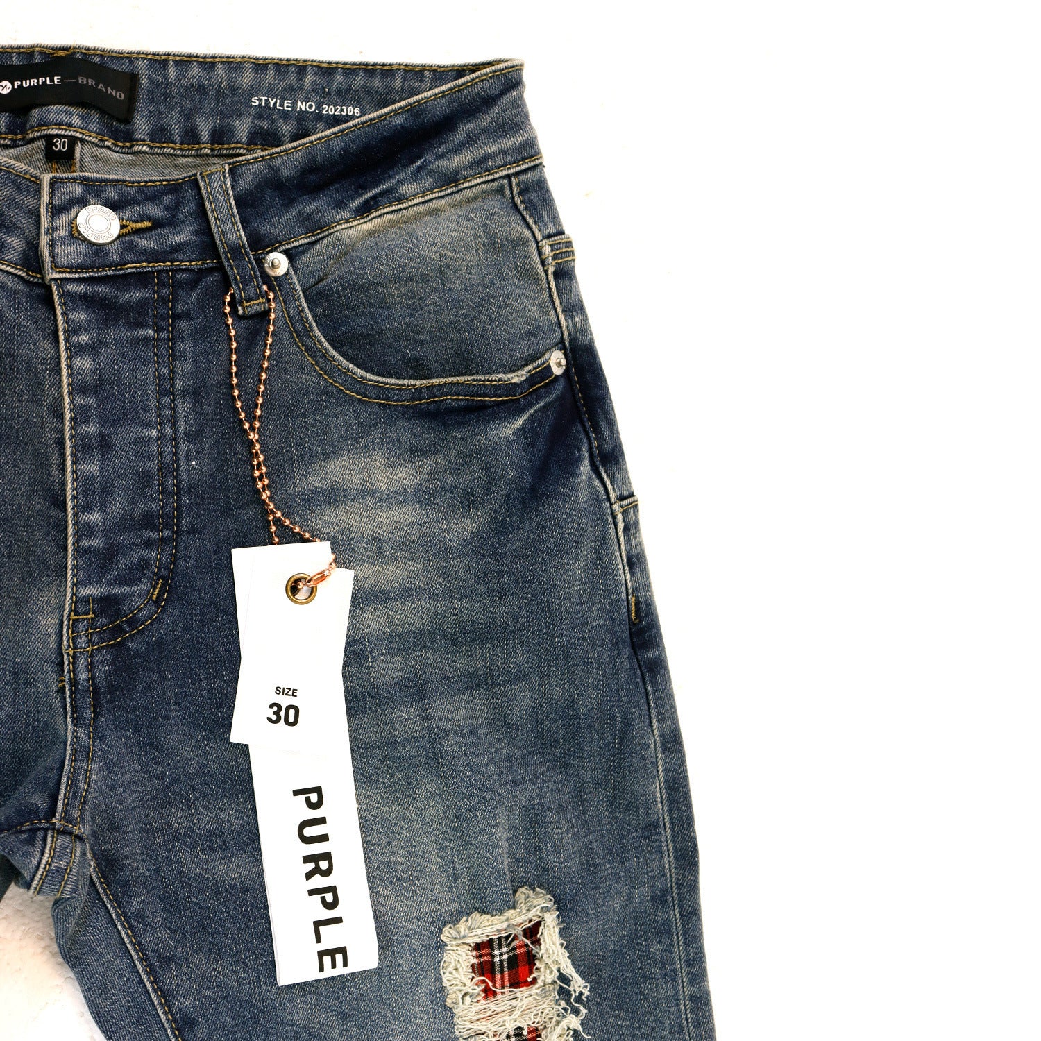 Purple Brand Plaid Patch Ripped Skinny Denim Jeans Unisex