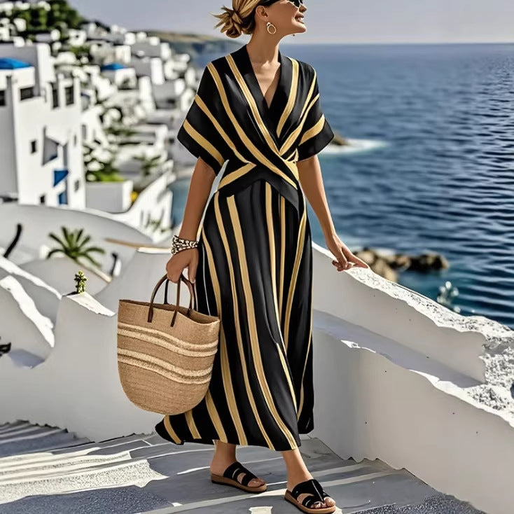 Women Boho Vertical Striped V Neck Wrap Loose Beach Maxi Dress