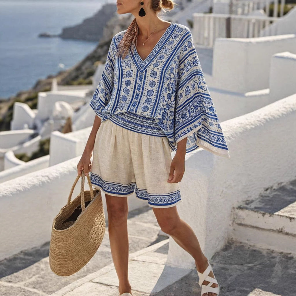 Women Boho Striped V Neck Batwing Loose Beach Short Two Piece Set