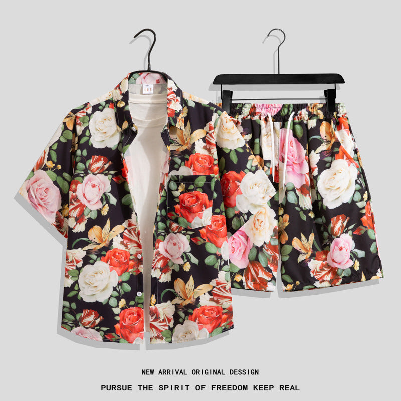Ice Silk Quick Dry Couple Floral Loose Beach Shirt Shorts Set T3601-T3630