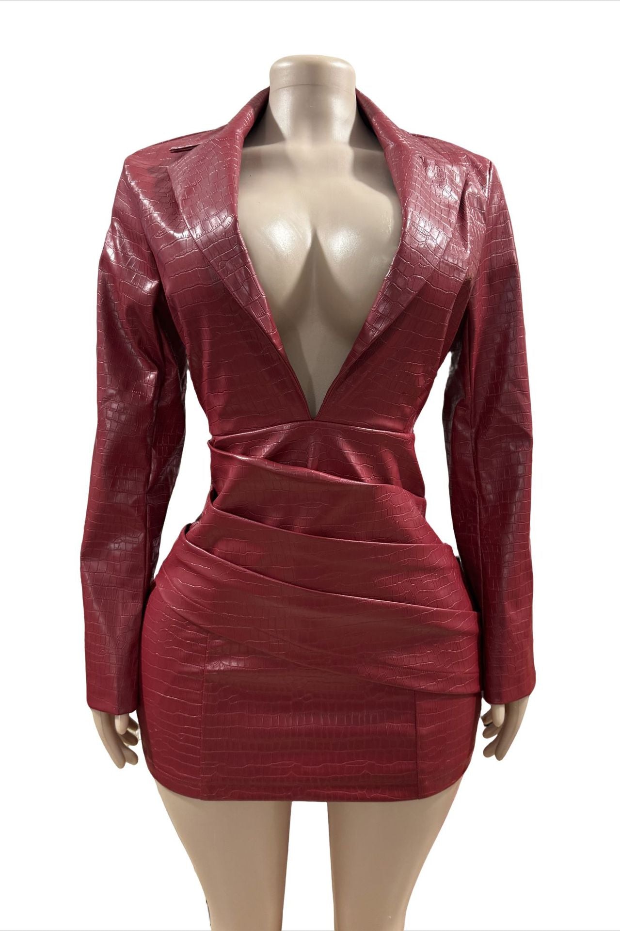 Croc Faux Leather Deep V Wrap Ruched Long Sleeve Mini Dress Women