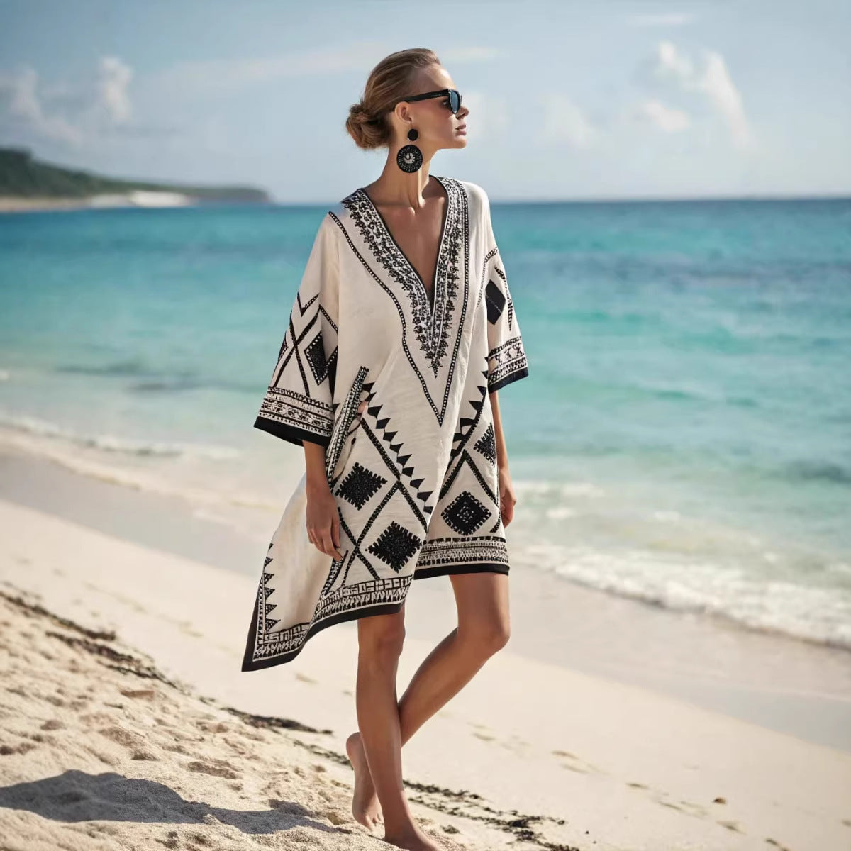 Women Boho Geometric Print V Neck Loose Kaftan Maxi Beach Dress