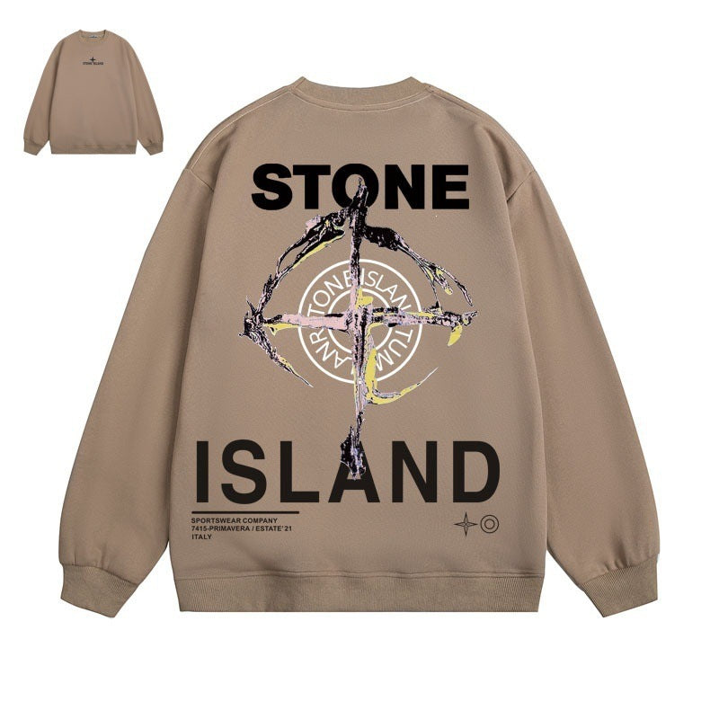 Stone Island Compass Print Crewneck Sweatshirt Men Winter Fleece Top