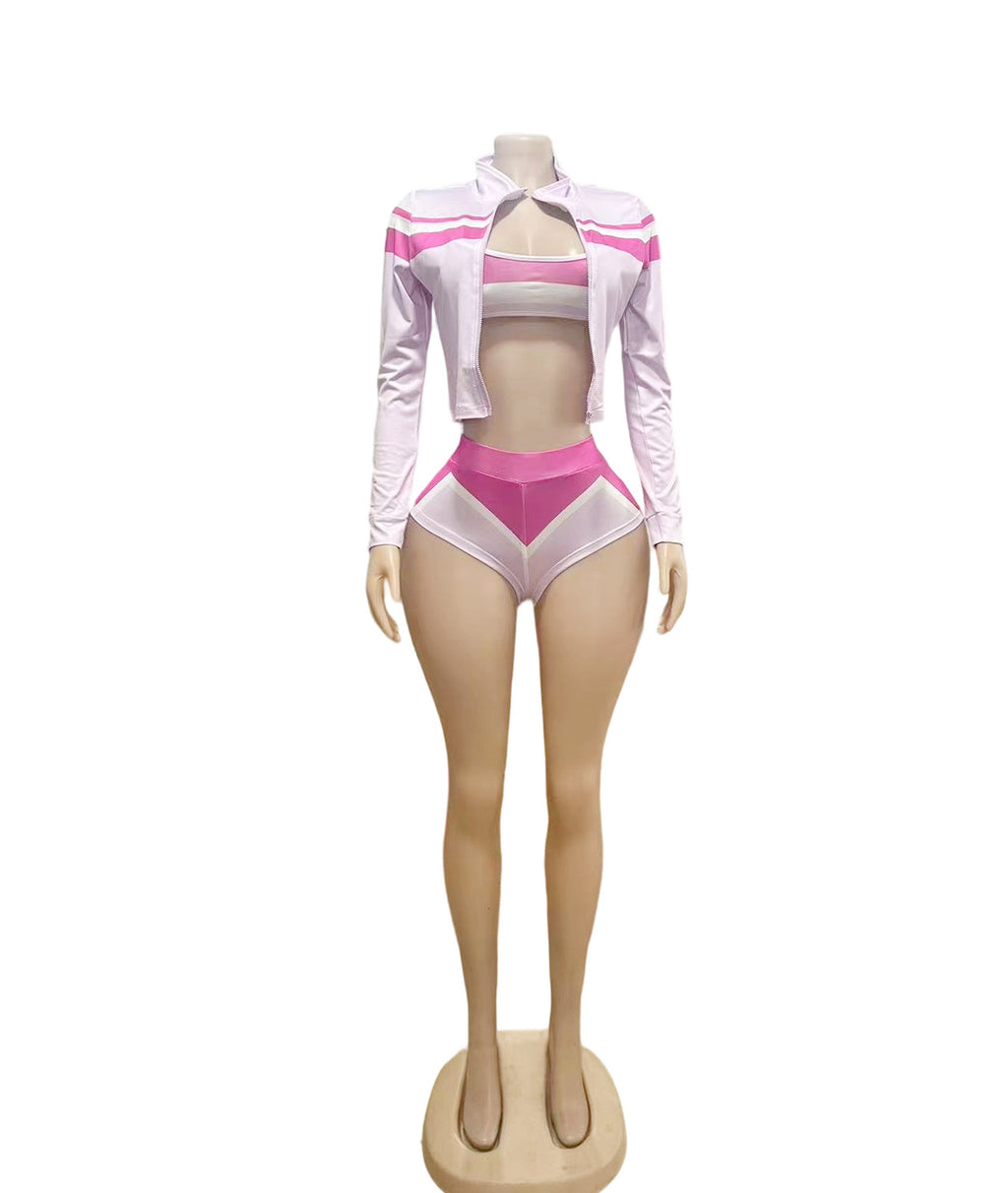 Y2K Color Block Zip Crop Jacket Bikini Short 3 Piece Set
