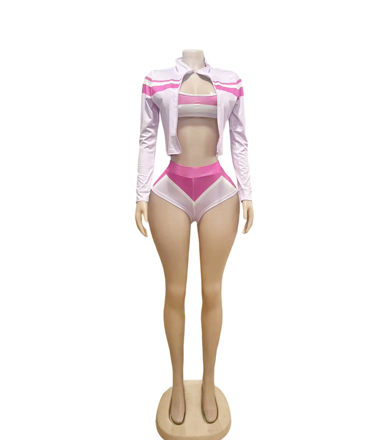 Y2K Color Block Zip Crop Jacket Bikini Short 3 Piece Set
