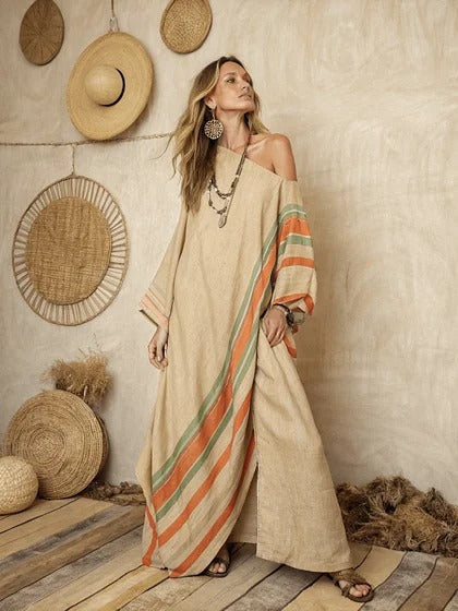 Women Boho Diagonal Striped Off Shoulder Loose Kaftan Maxi Beach Dress