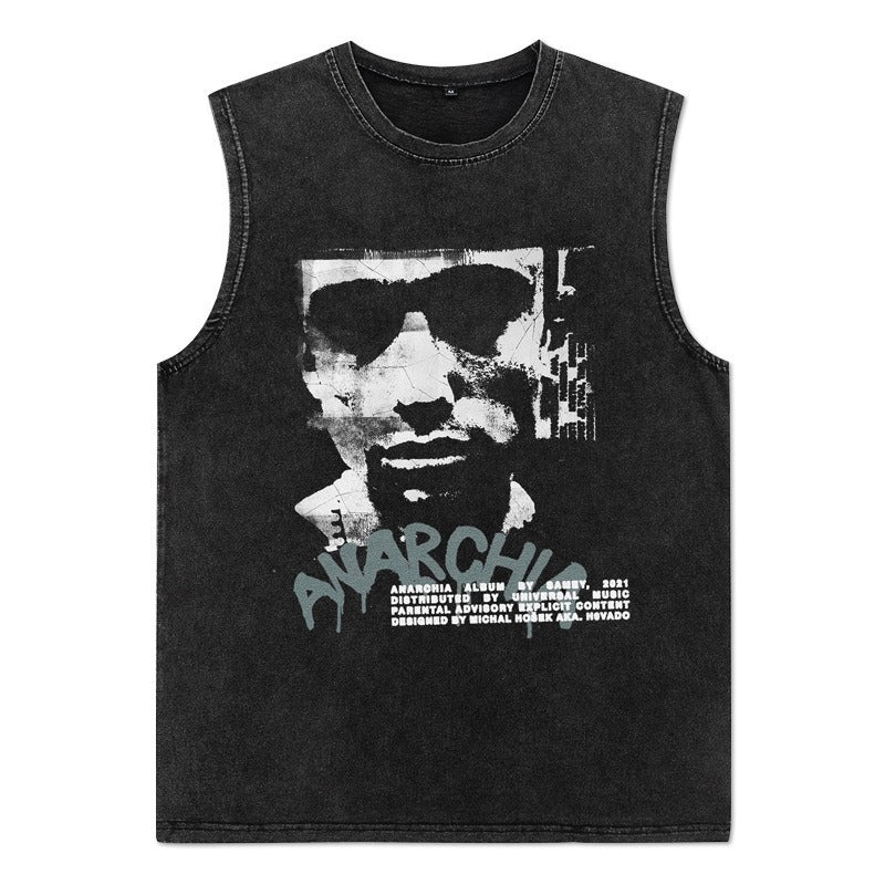 Vintage Washed Graphic Tank Top Mens American Street Sleeveless Tee