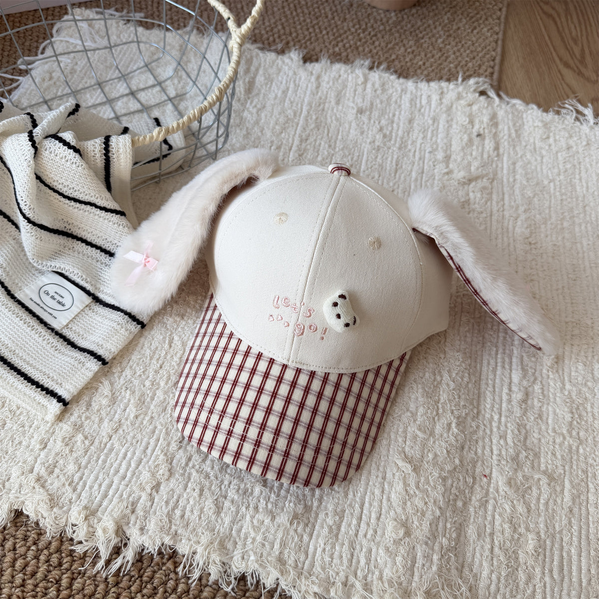 Cute Fluffy Bunny Ear Reversible Plaid Baseball Cap For Girls