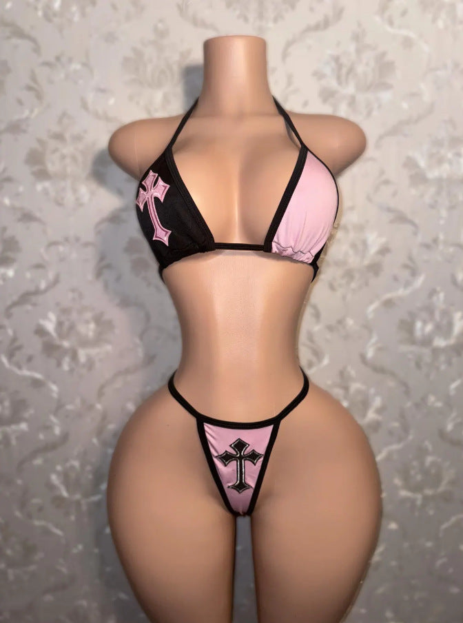 Y2K Cross Patch Halter Bikini Lace Up Mini Skirt 3 Piece Set