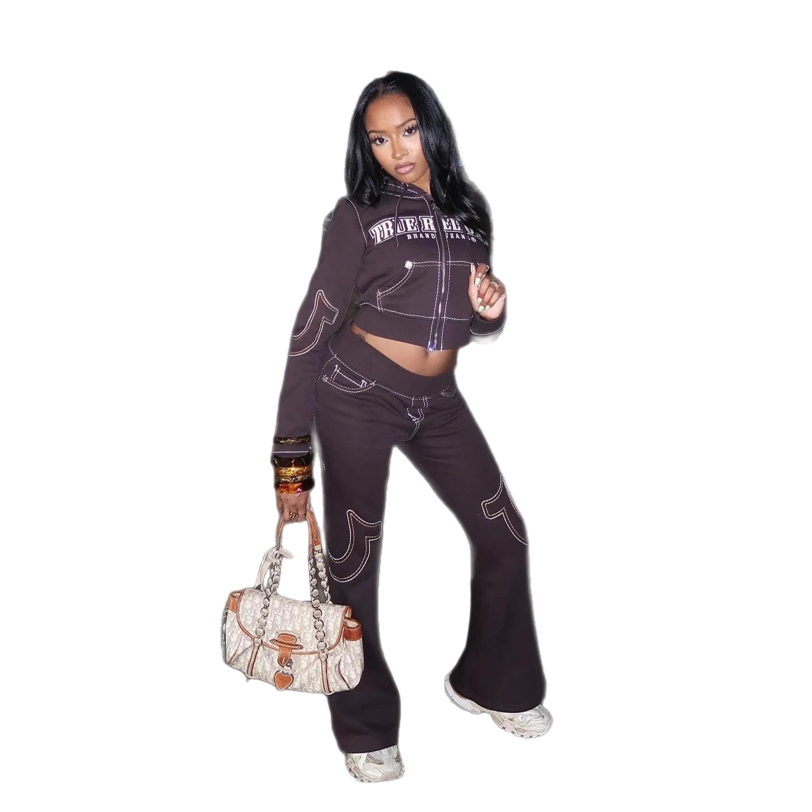 True Religion Stitch Embroidered Zip Crop Hoodie Flare Pants Tracksuit Set