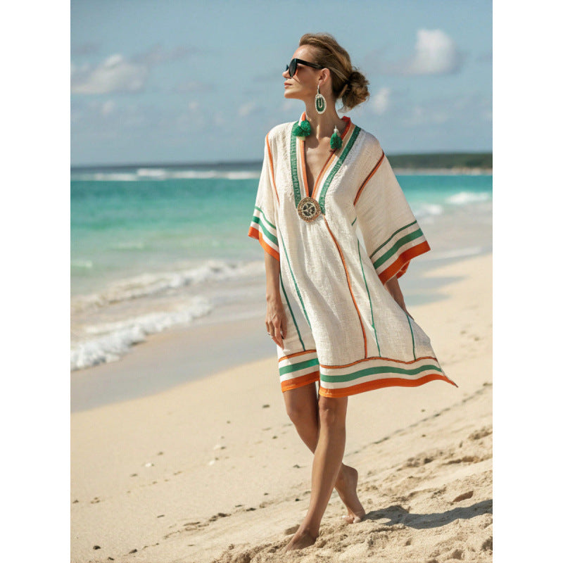 Women Boho Striped V Neck Loose Kaftan Midi Beach Dress