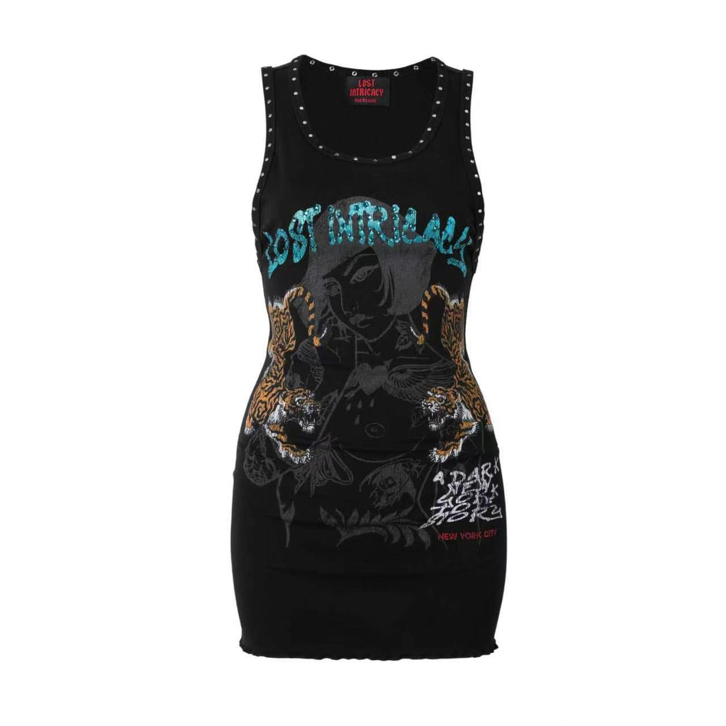 Lost Intricacy black figure print bodycon tank mini dress front view