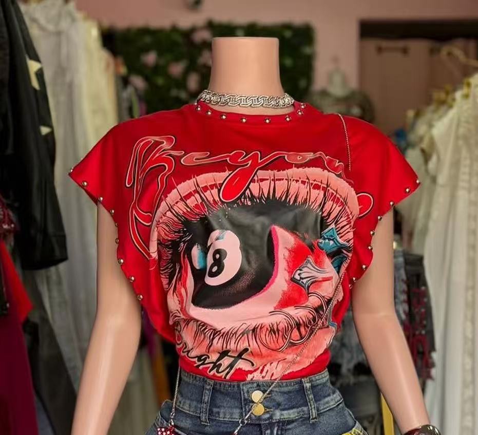 Vintage Multi Graphic Rivet Sleeveless Crop Tank Top