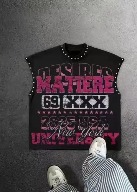 Vintage Multi Graphic Rivet Sleeveless Crop Tank Top
