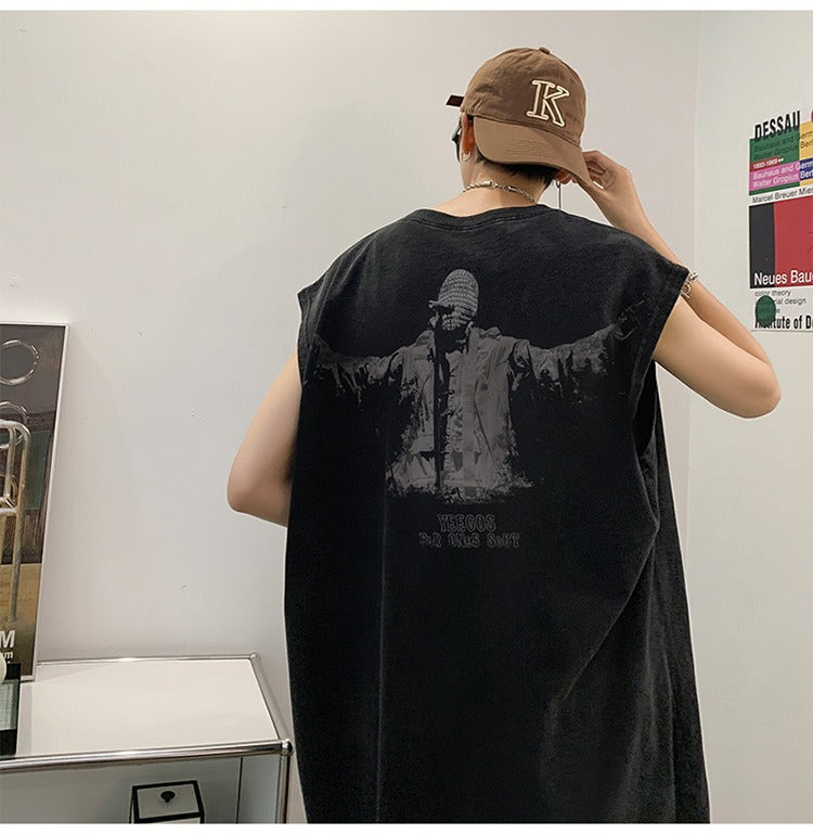 Vintage Washed Graphic Tank Mens Loose American Hip Hop Sleeveless Tee