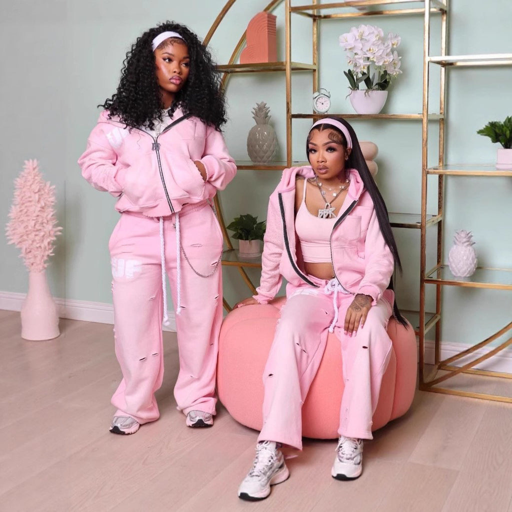 UnfairLives UF Distressed Zip Up Hoodie Sweatpants 2 Piece Tracksuit Women