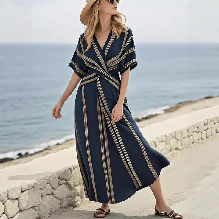 Women Boho Vertical Striped V Neck Wrap Loose Beach Maxi Dress
