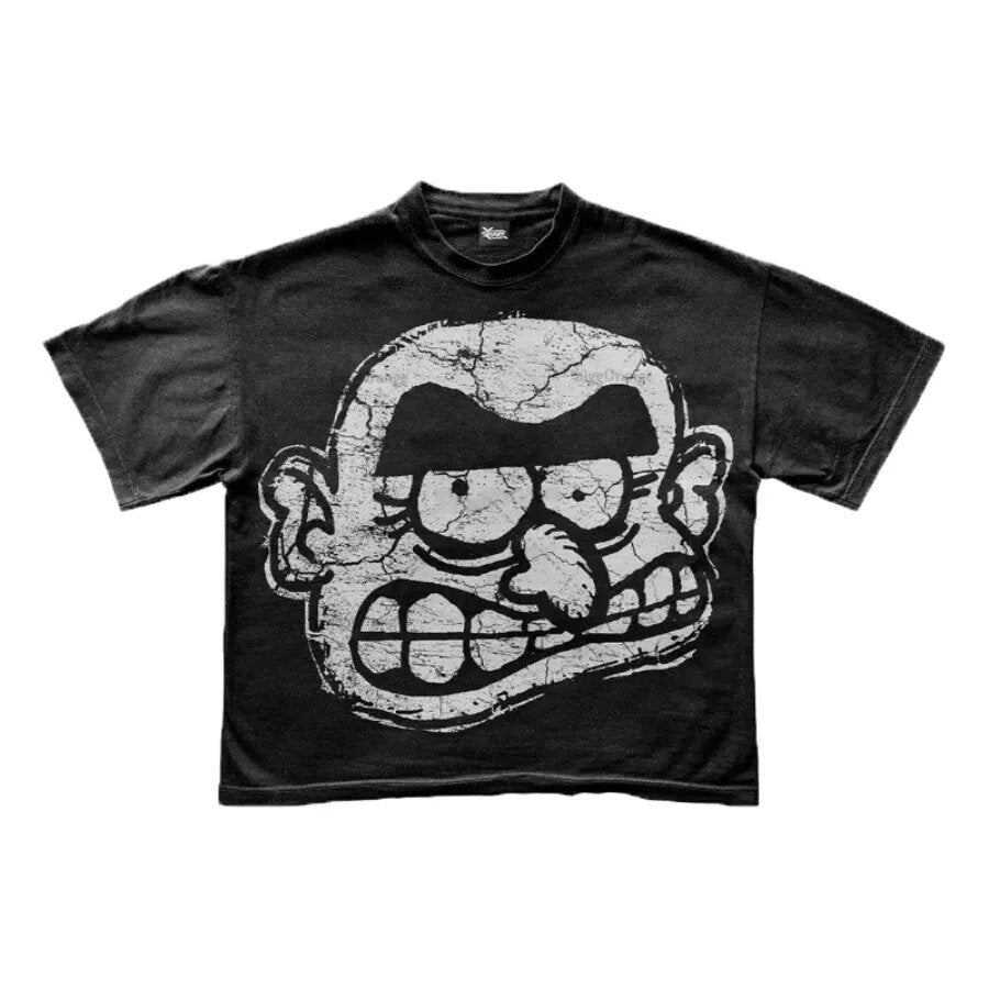 Merlin Worldwide Style Y2K Cartoon Portrait Oversized Vintage Baumwoll-T-Shirt