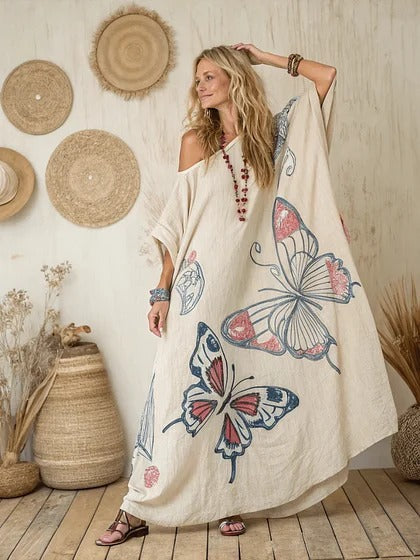 Women Boho Diagonal Striped Off Shoulder Loose Kaftan Maxi Beach Dress